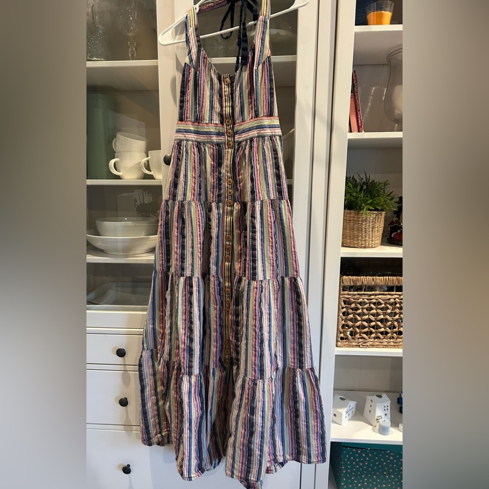 Anthropologie Maeve Striped Halter Tiered
Button Front Dress Size 8 - Picture 4 of 16